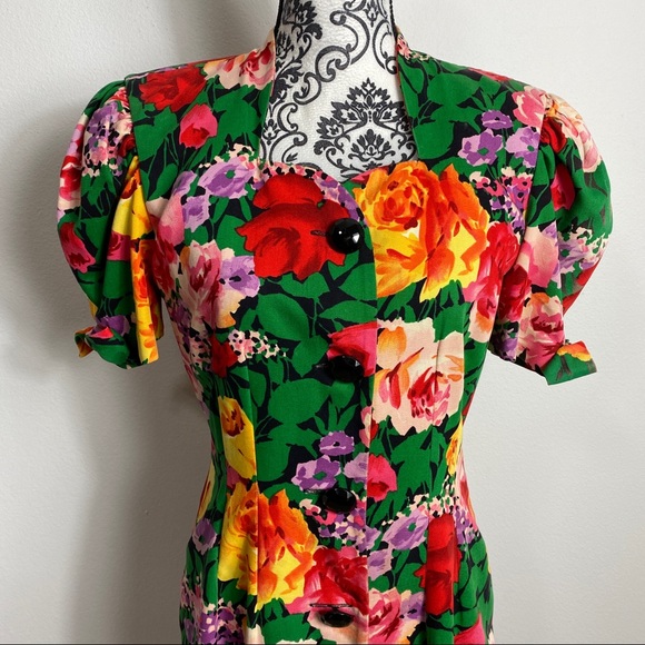 Vintage Julliard Floral Vacation Button Down Puff Sleeve Midi Dress 8 - Picture 3 of 9